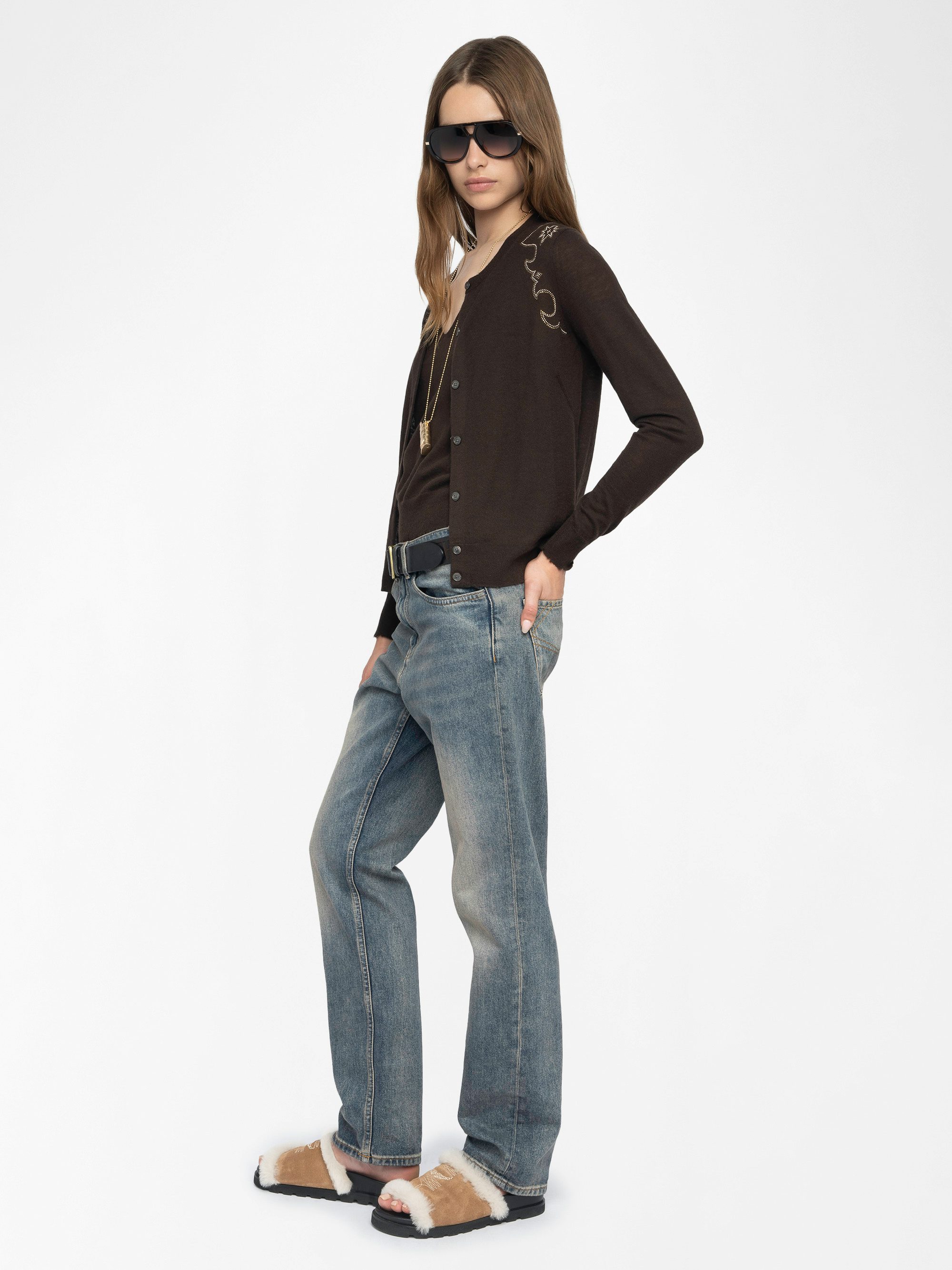 Missya Cardigan 100% Cashmere - Round neck buttoned cardigan with applied rhinestones.